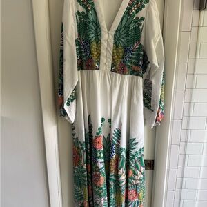 White Maxi Dress with Tropical Green & Multicolor Botanical Print